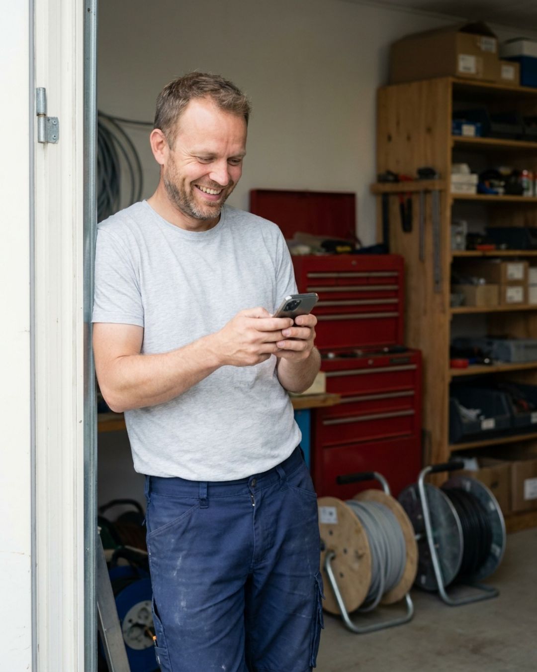 Elektriker i døren til sit værksted kigger smilende på en ny kundehenvendelse på telefonen